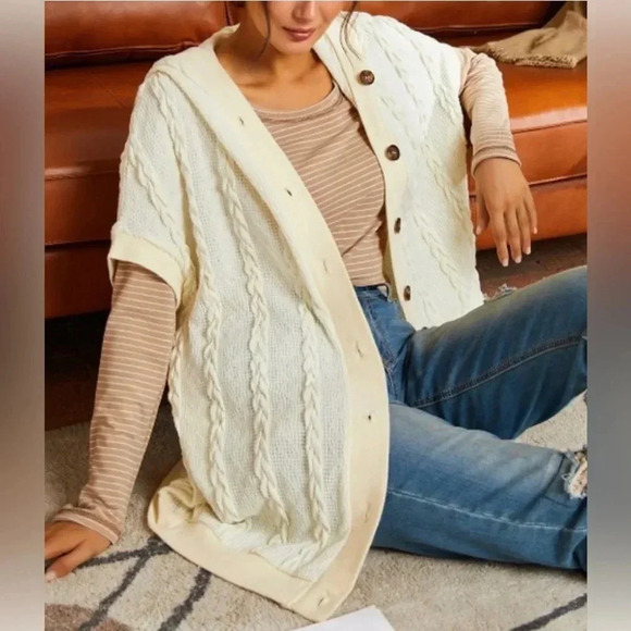 SIMPLE by SUZANNE BETRO | Cream Cable-Knit Hooded Button-Up Cardigan Size 3X - Picture 2 of 9